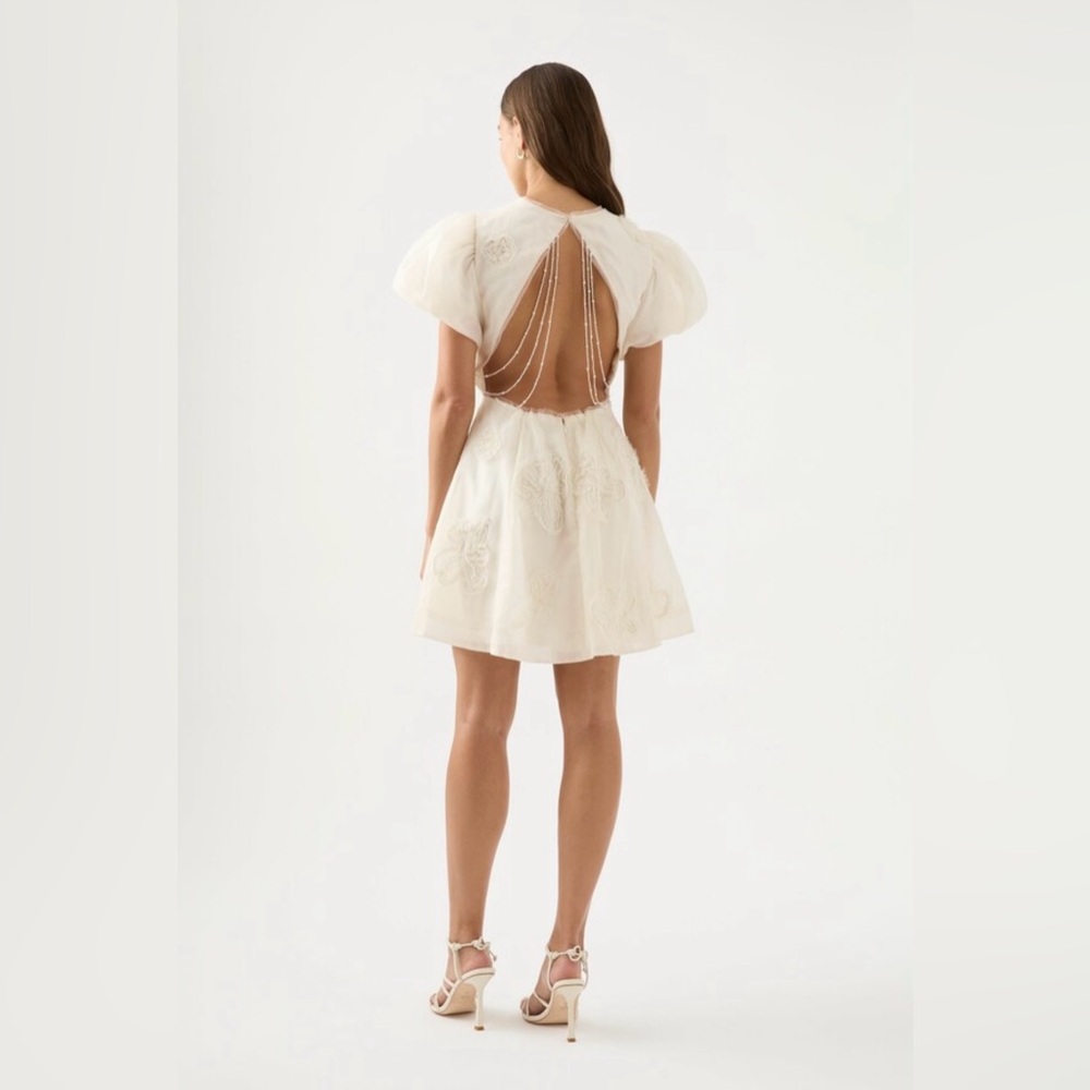 Aje Cream Puff-Sleeve Open-Back Embroidered Mini Dress